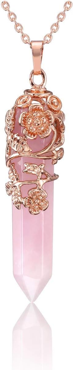 Flower Wrapped Natural Healing Crystal Pointed Necklace Hexagonal Prism Gemstone Pendant Pendulum Necklace Reiki Jewelry Quartz for Women Men