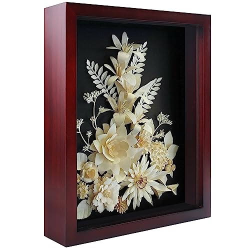 Shadow Box Frame 8x10 with Linen Back, Pine Wooden Frame with HD Glass Shadowbox Display Case for Wall and Tabletop, Memory Box for Flower, Medals, Tickets, Photos-Cherry Red