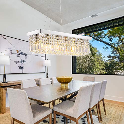 Siljoy Rectangle Crystal Raindrop Chandelier, 6 Lights Modern Rectangular Pendant Ceiling Light Fixture For Kitchen Island Dining Room L31.5 X W10 X H10, Polished Chrome, Adjustable Height #TOP1