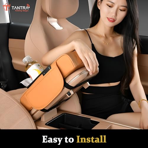 Image of TANTRA Premium Car Armrest Cushion Organizers, 5-in-1 Center Console Cover with 2 Storage Bags Cup Holder, Tissue Box Slot, Phone Slot for Sedans, Car Accessories Interior Organizers (Tan)