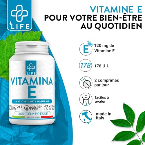 Vitamine E Pure 120mg Par Dose 178UI PiùLife, 365 Comprimés Complément Alimentaire Vitamine E Visage Peau, Yeux Vue, Vitamine Cheveux, Bien-être Antioxydant, 2 Comprimés Par Jour – Image 4