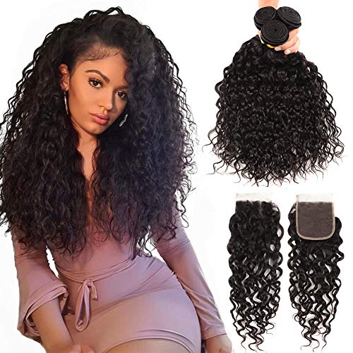 Huarisi 10A Brazilian Virgin Hair Water Wave 3 Bundles with Closure and Baby Hair Thick Human Hair Weave Extensions 4x4 Lace Closure Free Part Natural Black Color 12 14 16+10inch
