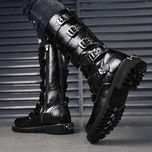 Peileg Mens Black Cool Style Eye Catching Buckle Closure High Top Leather Motorcycle Boots Waterproof Non Slip Wear Resistant Durable Stitching Shoes Body Lightweight And Soft Shoes thumb #6
