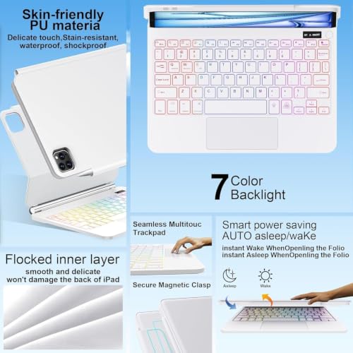 Image of Keyboard Case for iPad Air 13 inch (M4 /2026 /M3 2025 /M2, 2024),iPad Pro 12.9 inch (3 /4 /5 /6th Gen),Easy-Set Magnetic Stand- 7-Color Backlit - Removable Cases with Multi-Touch Trackpad Keyboard (White)