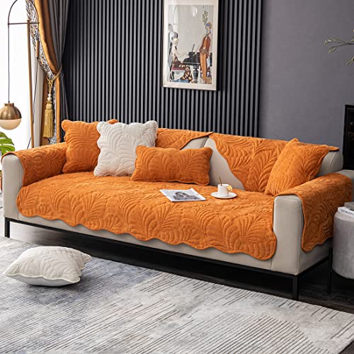 Xslive Palm Leaves Sofa Couch Cover Chenille Plush Quilted Sectional Couch Cover 1-Piece Non Slip Soft Sofa Slipcover Furniture Protector For Pets Kids Children Dog Cat (Orange,28"X70") #TOP7