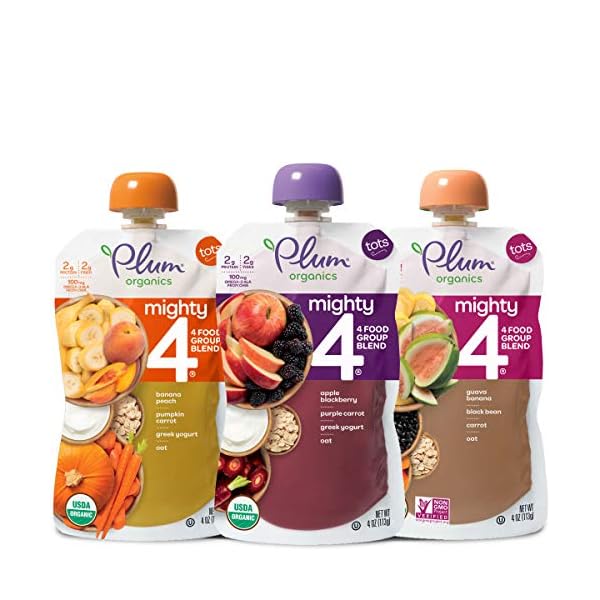 Plum Organics Mighty 4 Organic Toddler Food - 4 Food Group Blend Variety Pack - 4 oz Pouch (Pack of 18) - Organic Fruit and Vegetable Toddler Food Pouch