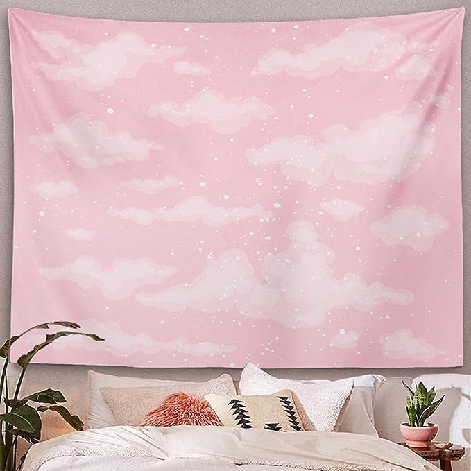 Miniatura 2 de Tapiz de nube rosa para decoración de dormitorio, decoración estética del hogar para telón de fondo, bonitos tapices de cielo blanco y cielo, para
