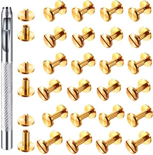 60 Pairs 3 Sizes Brass Chicago Screws Leather Rivets Belt Screw Solid Brass Chicago Screws Binding Stud Screws Leather Fasteners Rivets Belt Strap Screw with Hole Punch Tool for DIY Jean (Gold)