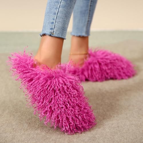 Image of Unisex Fuzzy Faux Fur Slippers, Women's Fluffy Long Hair Sheep Faux Fur Slip on Slides, Girls Luxury Big Fluffy Outdoor Flat Slippers, Long Curly Hair Non-Slip Warm Home Slide Shoes