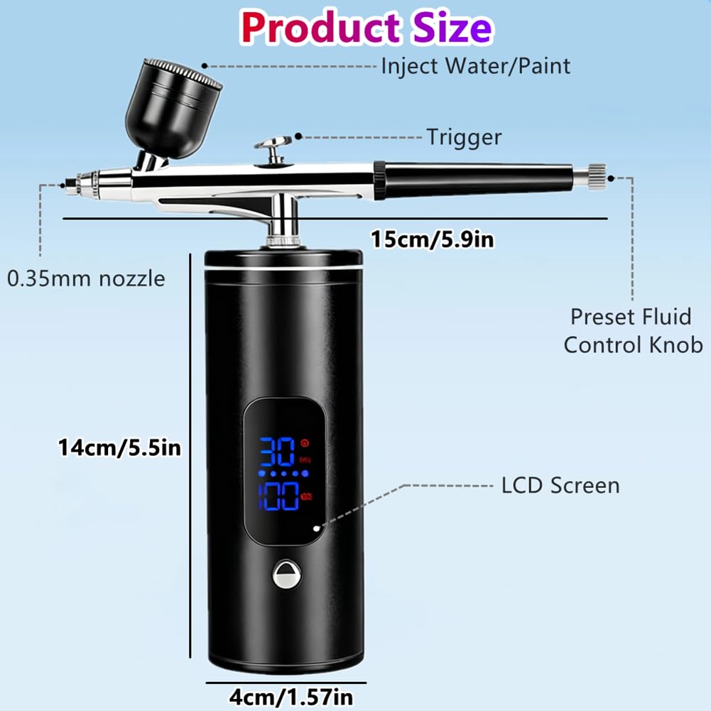 Kit de aerógrafo con compresor, portátil, recargable, inalámbrico, de alta presión, con boquilla de 0.35 mm, pantalla de alimentación y cepillo de limpieza, para pintura, arte de uñas, maquillaje