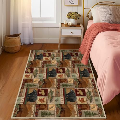 Rustic Cabin Wildlife Area Rug 5x7 Living Room Rug,Maple Leaf Bear Moose Deer Country,Vintage Throw Rugs Carpet for Dining Room Washable Bedroom Rug Non Slip Floor Carpets for Office,Kids Playroom