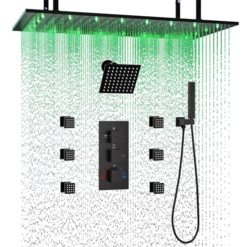 Sistema termostático de ducha doble Enga, cabezal de lluvia LED de 15.7 x 31.5 pulgadas para techo con cabezal de pared de 6 pulgadas y 6 jets corporales con interruptor, grifería multifunción de ducha, acabado negro mate miniatura 1