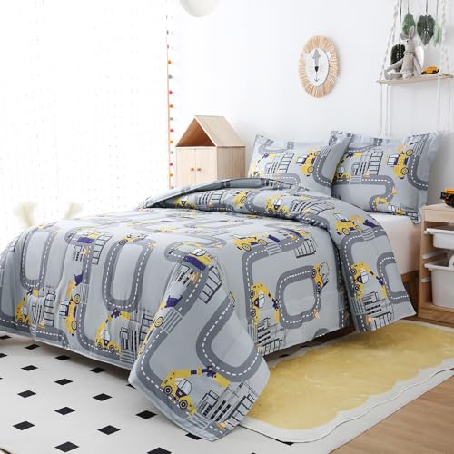 Image of Yibeizi Truck Full Comforter for Boys Cute Grey Car Bedding Set