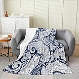 jejeloiu Paisley Flannel Blanket Plush Fuzzy Luxury Vintage Floral Fleece Throw Blanket Boho Plush Sofa Throw 70S Hippie Groovy Flowers Bohemian Queen 90'x90' Dark Blue for Bed Couch Chair Living Room