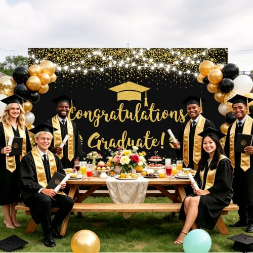 MEHOFOND 7x5ft Black and Gold Graduation Backdrop Class of 2026 Graduation Party Decorations Congratulation Graduate Backdrop 2026 Congrats Grad Banner Prom Party Decoration Photo Booth Props - image 5