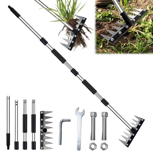 草取り道具 熊手 伸縮式 ステンレーキ 43cm/80cm/117cm/155cm 長さ調節可能 草刈りレーキ/鍬 マンガン鋼金属レーキヘッド 雑草 鍬 草刈機 園芸用品 草刈りガーデン掃除 落葉集め 整地作業 土壌耕作緩和農業 芝生のサッチ取り