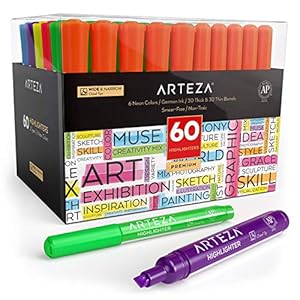 Arteza Gekleurde highlighter-stiften, Set van 60 markeerstiften met schuine punt, Brede en smalle neon markers in 6…