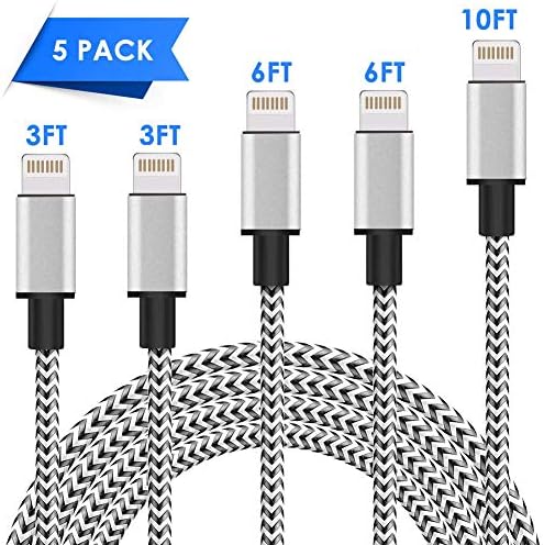 MFi Certified Lightning Cable 5Pack 3FT 3FT 6FT 6FT 10FT Nylon Braided USB Fast Charging& Syncing Cord Compatible iPhone Charger XS/MAX/XR/8/8 Plus/ 7/7 Plus/6s/8s Plus