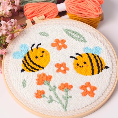 Image of 3Sets Punch Needle Kit for Adults Beginners,Bee & Butterfly Flowers Embroidery Kit,Includes Punch Needle Tool, Embroidery Hoop, Yarn,Fabric,Supplies, DIY Art & Crafts for Women & Girls