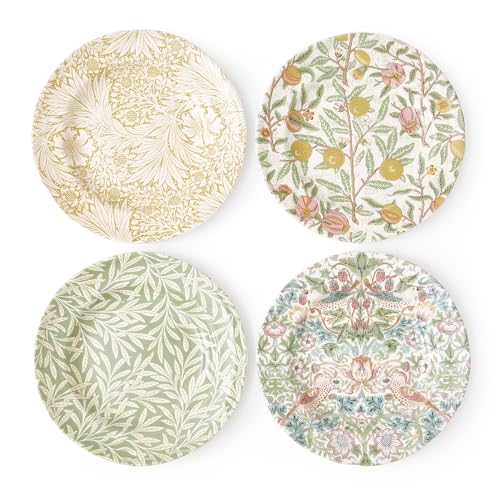 Spode Morris and Co Luncheon Plate | Set of 4 assorted Colors Plates for Dinner, Salad and Appetizers | 9-Inch Plates Made of Earthenware | Serving Plate | Dishwasher Safe | Made in England