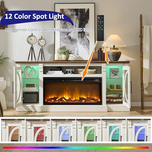 Crescent TV Stand with Fireplace for up to 80 Inch TV, LED Entertainment Center with 36 Inch Electric Fireplace, Farmhouse TV Console Table w/Glass Door for Living Room, Antique White - Thumbnail 4