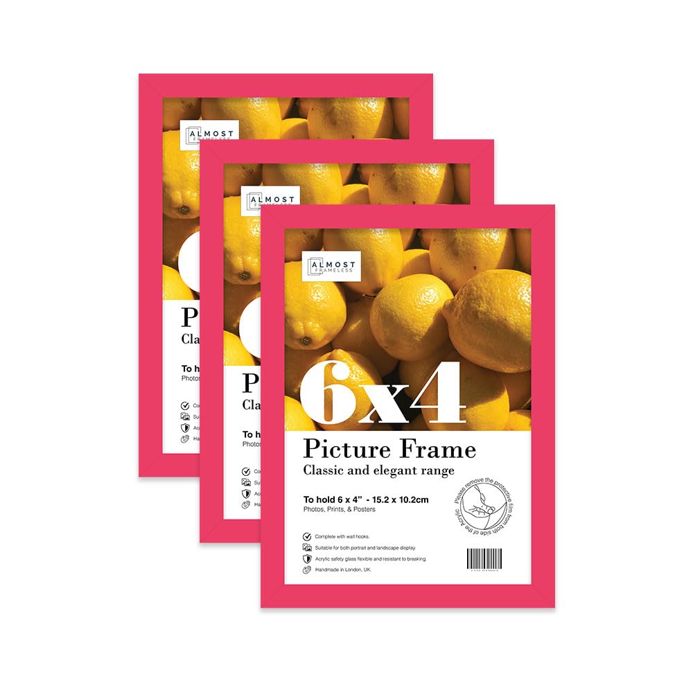 Almost Frameless 6x4 Bright Pink Picture Frame Set of 3, Display 6x4 Picture Gallery Wall, Poster, Photo, Artwork, or Print, Yellow