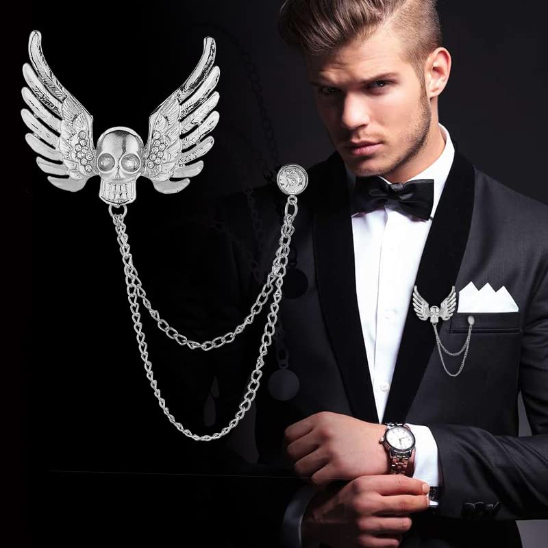 Image of Gothic Halloween Skull Hand Brooch Pin for Women Men Punk Vintage Crystal Skeleton Tassel Chain Lapel Pins Dark Skull Brooches Sweater Suit Accessory