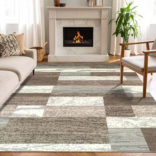 Superior Indoor Area Rug, Jute Backed, Modern Geometric Patchwork Floor Decor for Bedroom, Office, Living Room, Entryway, Hardwood Floors, Rockwood Collection, 8' x 10', Light Blue-Ivory