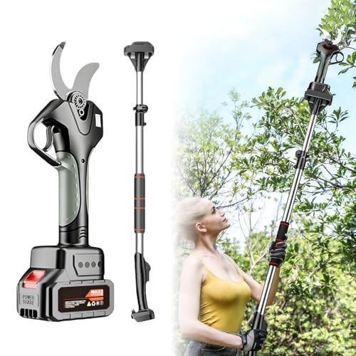 LURECAQING Tijeras de Podar Eléctricas a Batería 50MM,Tijera podar inalámbricas portátiles, Podadora Eléctrico de Ramas con Pértiga de extensión de 2.1m de Altura, 2 * 2000mAh