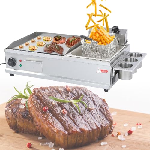 Eastnmythet Electric Griddles Non Stick with Fryer, Commercial Flat Top Grill Breakfast Griddle for Indoor Catering,Large