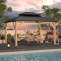 11’x13’ Outdoor Wooden Gazebo - Outdoor Patio Gazebo with Galvanized Steel Double Roof, Cedar Wooden Frame Pavilion with Netting and Curtains, Wine Cabinet Pergolas for Garden, Lawn, Poolside