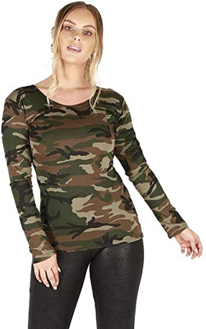 KATSSI Women’s Ladies Long Sleeve Stretch Plain Round Scoop Neck T Shirt Top SM Camouflage