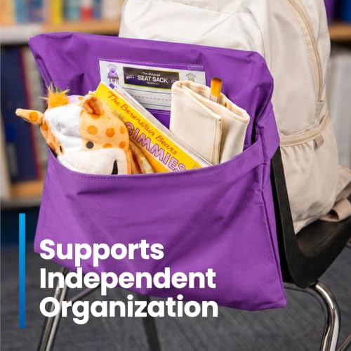 Image of Seat Sack Student Chair Storage Pocket - 17 inch, Single Pocket, Classroom Chair Organizer for Student Desks, Durable Over-the-Chair Storage, Ready-to-Use Name Tag Window, Purple, 25-Pack