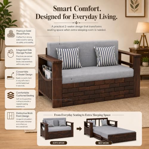 Image of Douceur Furnitures Solid Sheesham Wooden 2 Seater Sofa Cum Bed with Mattress & 2 Cushion and Side Pockets,Wood Foldable Convertible Sofa Diwan Cum Bed for Living Room and Bedroom,Walnut Finish