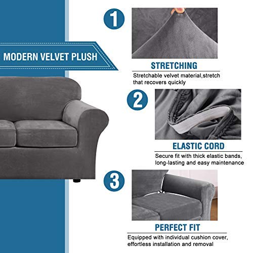 H.VERSAILTEX 4 Pieces Thick Velvet Sofa Covers for 3 Cushion Couch High Stretch Sofa Slipcovers Furniture Protector Housse Divan Couch Cover for Pets Dogs Width Up to 90 Inch(Sofa,Grey) by H.VERSAILTEX - Image 3