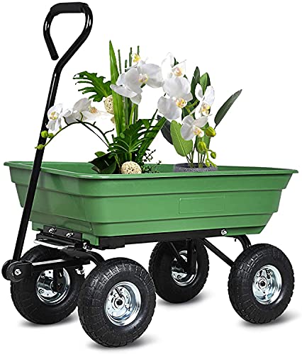 Garden Dump Cart with Steel Frame Outdoor Wagon with 10 Inch Pneumatic Tires, 300lbs Capacity, Green