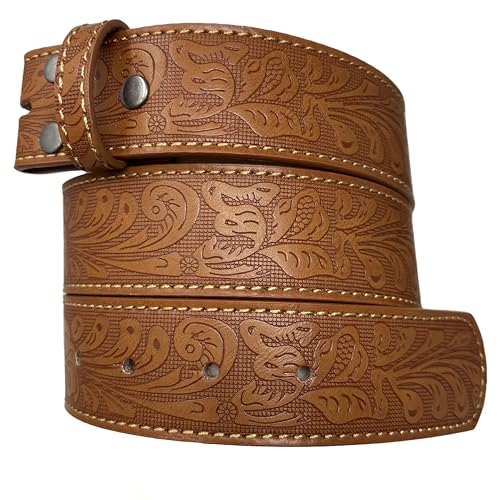 Image of BC Belts Western Leather Belt Strap - 1.5 inch Wide with Embossed Scrollwork Without Buckle for Men & Women, Cowboy /Cowgirl Style