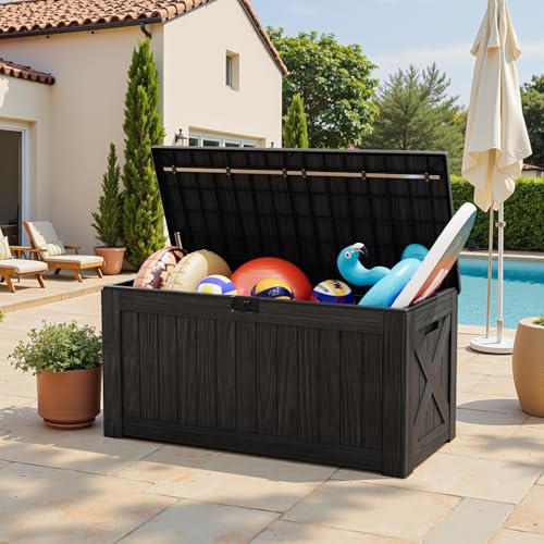 Image of Greesum Outdoor Storage Box 120 Gallon Storage Bin with Lid for Patio Furniture, Garden Tools, Pool Supplies, Lockable, Waterproof and UV Resistant, Black
