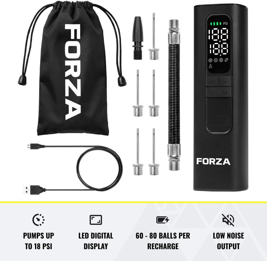 FORZA Digital Ball Pump │Rechargeable Electric Air Pump with LED Torch | Portable Sports Ball Inflator with Needles, Flex Hose, USB Charging Cable and Carry Case