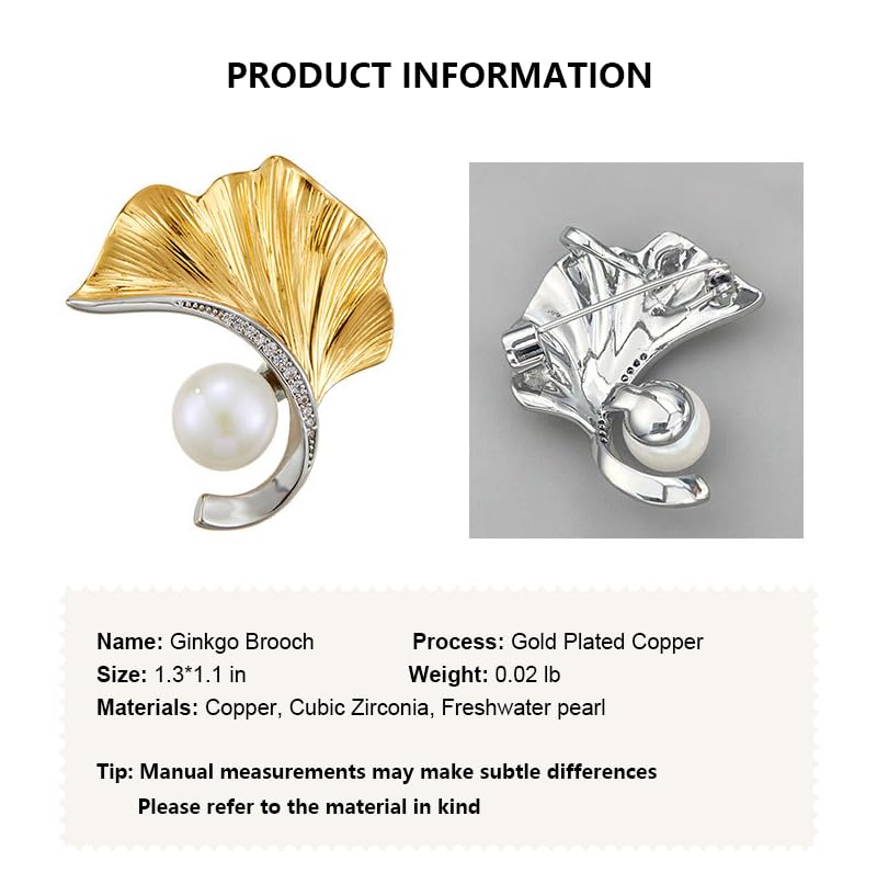 Image of Gold Ginkgo Leaf Brooch Yellow Flower Jewelry Pin for Blazer Dress Jacket & Suit Vintage Inspired Birthday Festival Gift for Women (Gold with Pearl)
