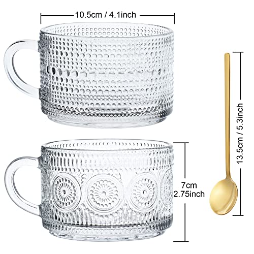 Vintage Glass Coffee Mugs Set of 4, Glass Cups with Spoons - 14oz Clear Embossed Drinking Glasses, Stackable Breakfast Cups, Drinking Glasses for Cappuccino, Latte, Milk, Hot or Cold Beverages - Image 3