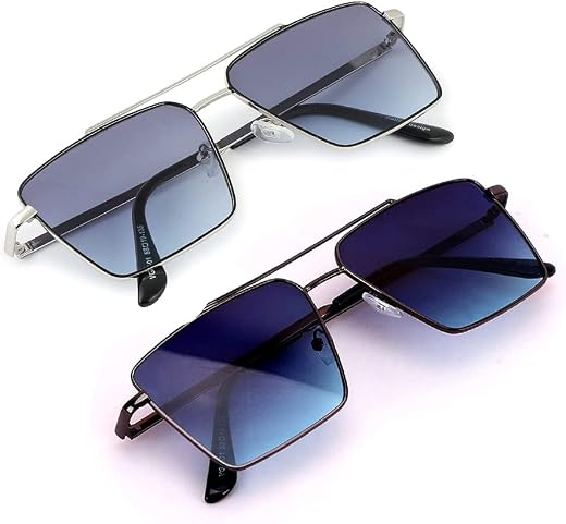 Men Rectangular Sunglasses, LW394, Blue Silver & Blue Black, Pack of 2