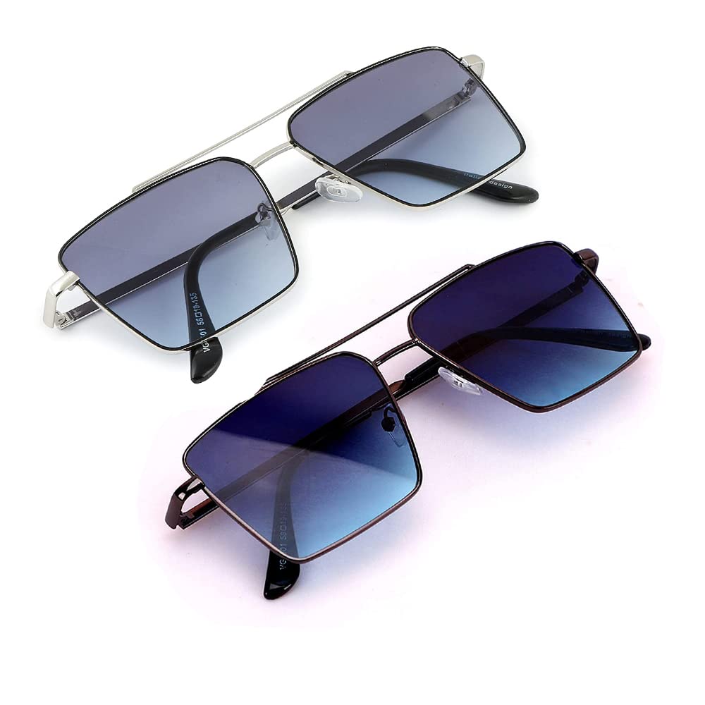 Men Rectangular Sunglasses, LW394, Blue Silver & Blue Black, Pack of 2