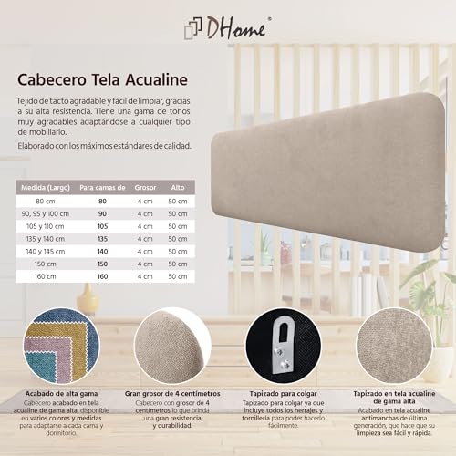 Miniatura 5 de Dhome Cabecero Tapizado Liso Redondeado Tela Aqualine Para Pared Acústicos Cabeceros Absorbentes Cabezal Cama Dormitorio Beige, 160cm