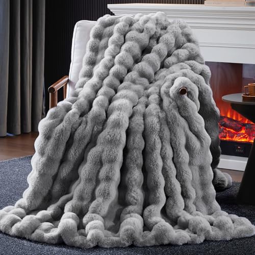 Faux Fur Throw Blanket, 1000GSM Fluffy Soft Bubble Blanket for Couch Bed, Cozy Plush Warm and Thick Blanket, Fuzzy Rabbit Lola Throw for Living Room Bedroom 60''*80'' Light Grey