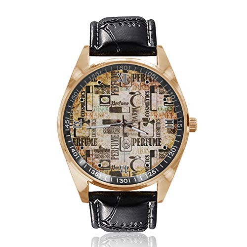 Preisvergleich Produktbild Choeter Retro-Armbanduhr mit Parfüm-Druck, personalisierbar, wasserdicht, Edelstahl, Quarz-Armbanduhr mit austauschbarem Lederband