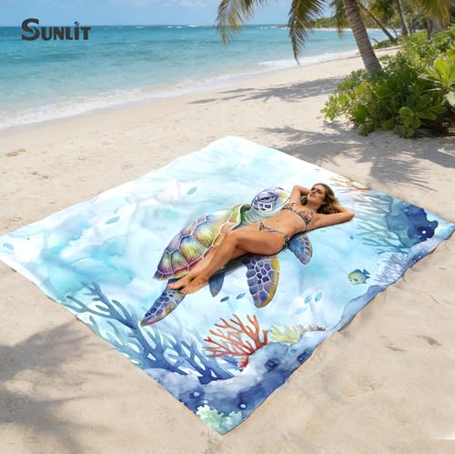 Image of Sunlit Silky Soft 81 inchx106 inch Sand Proof Beach Blanket Sand Proof Mat with Corner Pockets and Fashion Mesh Bag for Beach Party, Travel, Camping and Outdoor Music Festival, Vibrant Turtle and Coral
