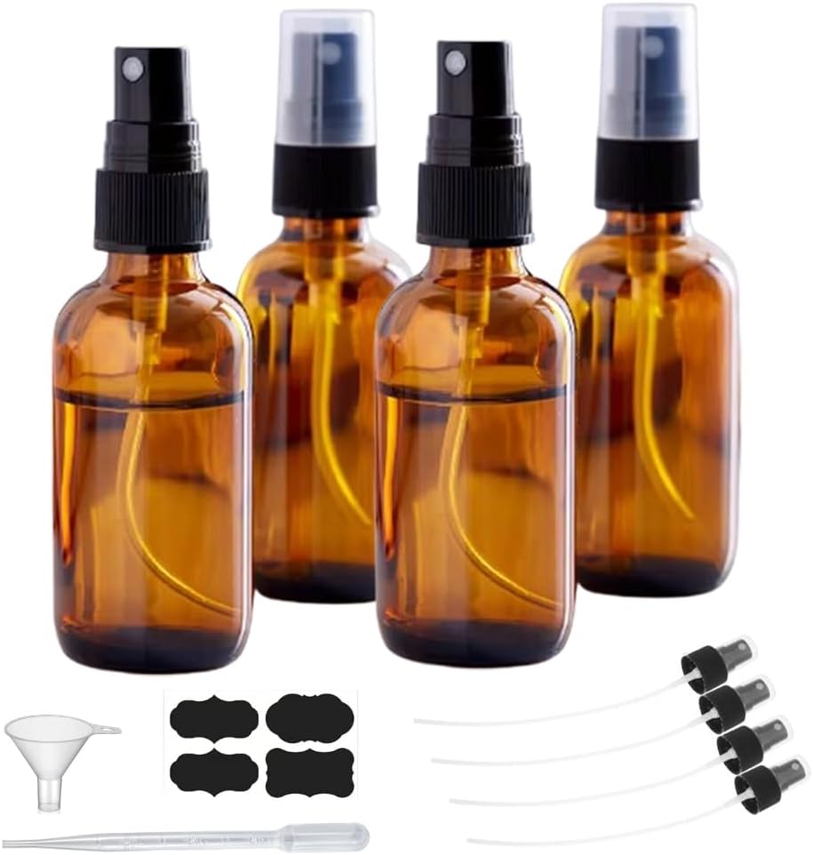 2oz Amber Glass Spray Bottles for Essential Oils, Hair, Skincare, Cleaning & Travel,4-Pack Small Empty Spray Bottle