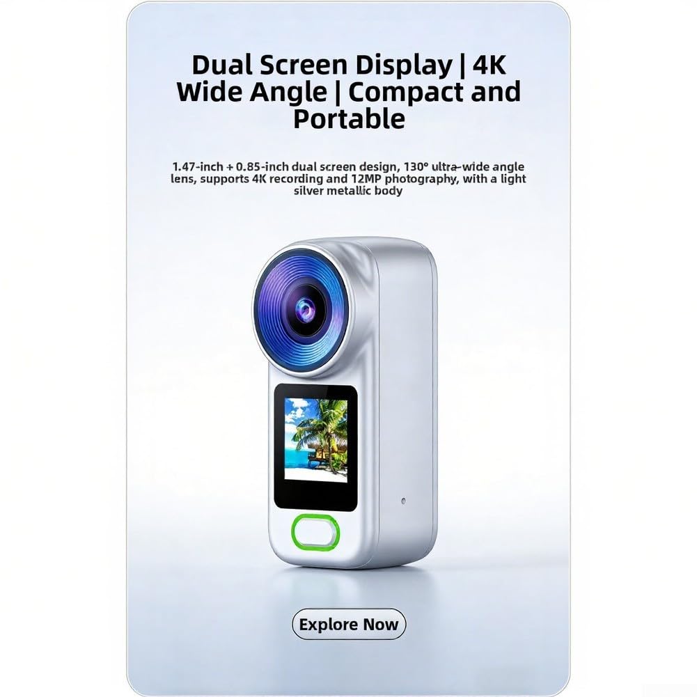 Action Camera compatta 4K con schermo HD da 1,44 pollici, foto da 12 MP e registrazione in loop per vlogger e appassionati di attività all'aperto (bianco)