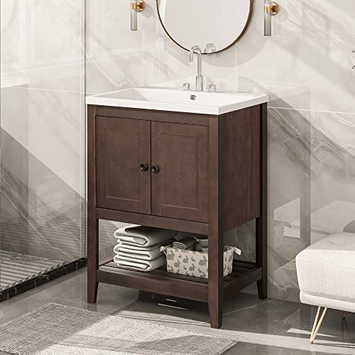 24" Sleek Bathroom Vanity With Ceramic Sink,Modern Freestanding Solid Wood Bathroom Cabinet With 2 Doors And Open Shelf For Small Space(Brown) #TOP1